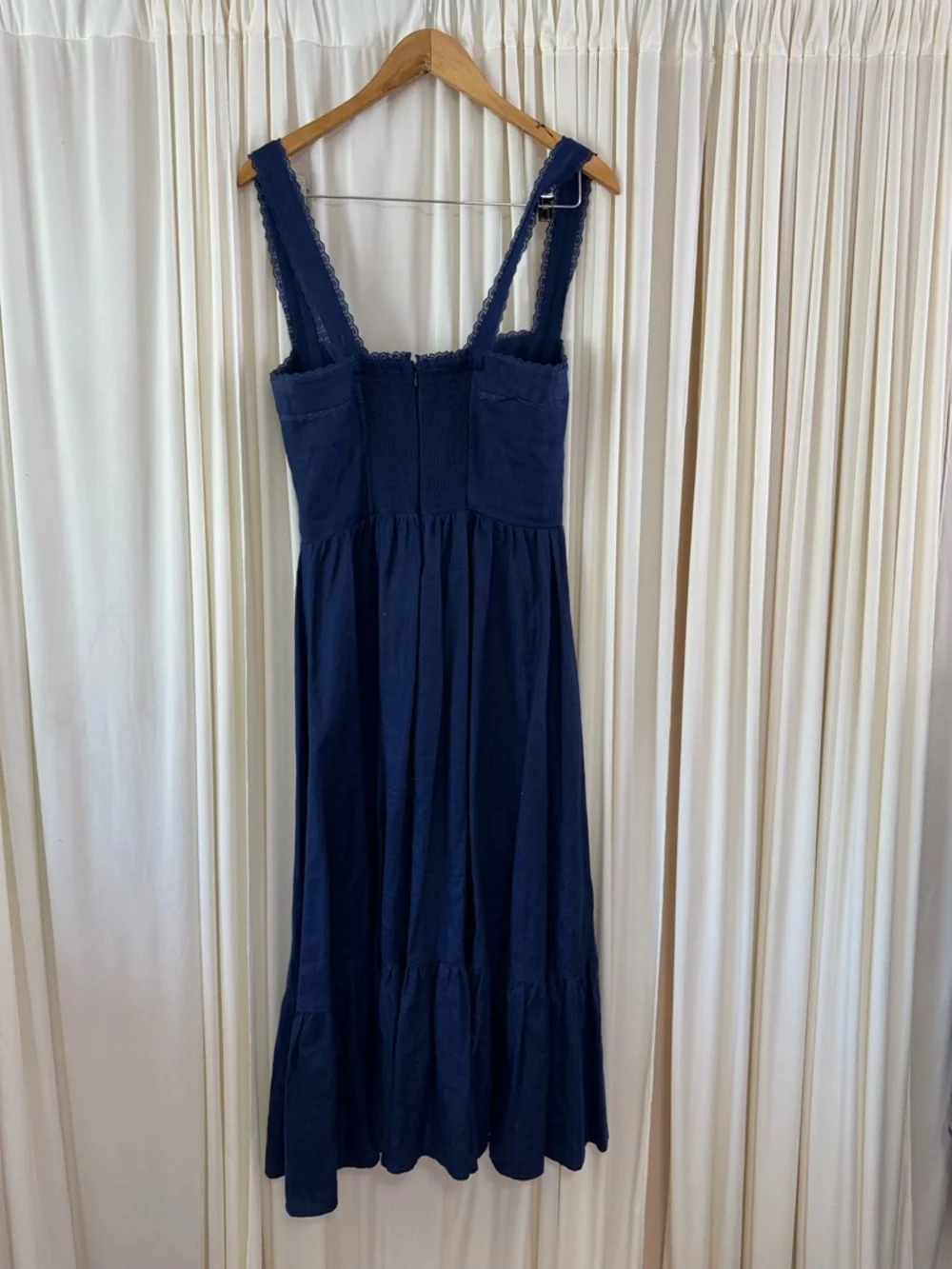 Reformation Rowen Sleeveless Smock Tiered Linen Midi Summer Dress Navy Blue Sz 8 - Picture 6 of 8